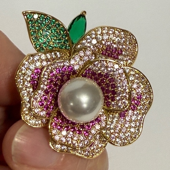 eyecandy Jewelry - EYECANDY Los Angeles Flower With Faux Pearl Brass CZ Adjustable Ring